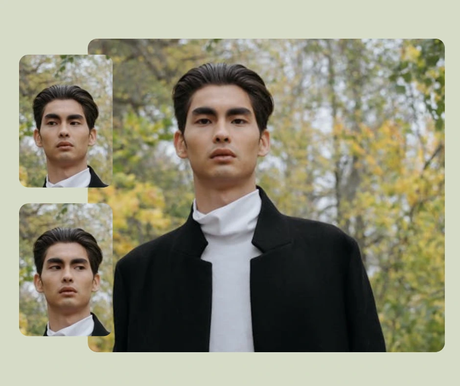 Un joven con abrigo negro se encuentra al aire libre con follaje otoñal al fondo. Dos retratos más pequeños muestran ángulos de cabeza y direcciones de mirada alternativos para comparar.