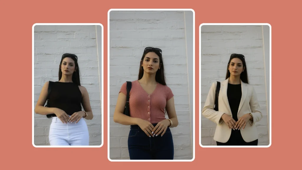 Lookbook di moda generato dall'intelligenza artificiale che mostra una giovane donna che indossa tre diversi outfit eleganti, utilizzando un cambia-outfit virtuale per lo styling digitale.