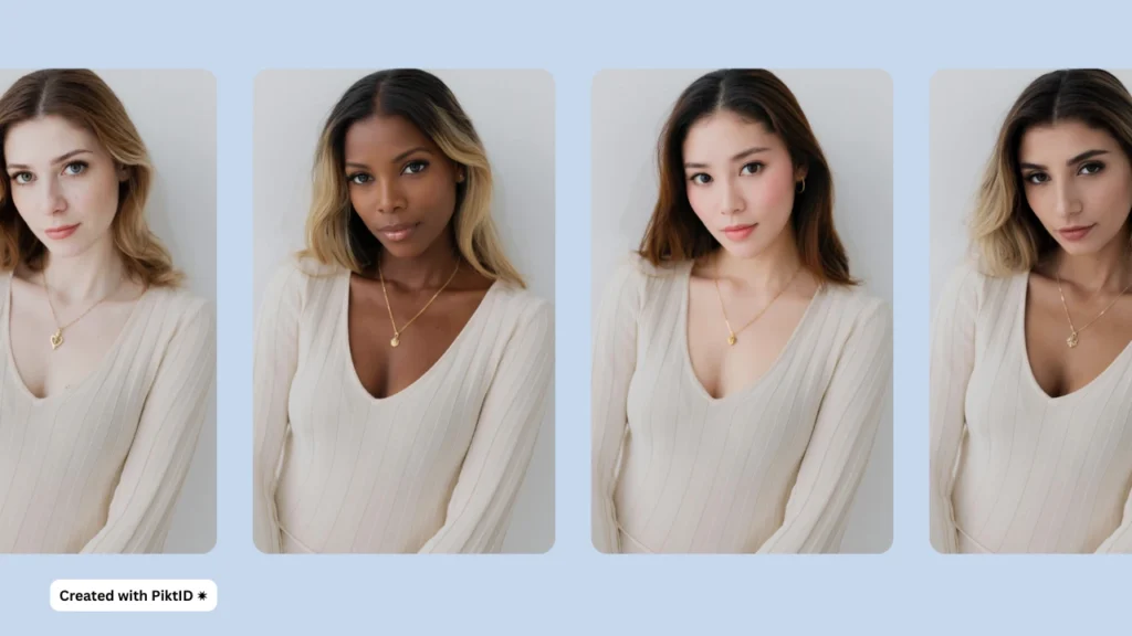 Lookbook di moda basato sull'intelligenza artificiale, creato con Piktid e raffigurante quattro modelle di diverse etnie, che mette in mostra l'inclusività nella moda digitale.