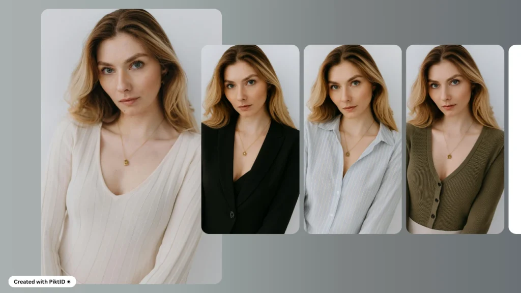 Modello lookbook AI con quattro modelli digitali realistici, ognuno dei quali indossa abiti moderni e unici, che evidenziano la varietà della moda virtuale e le opzioni di stile.