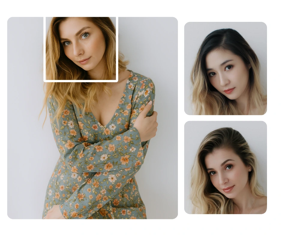 Utilizzando l'intelligenza artificiale di PiktID, è possibile mostrare la trasformazione del volto di una modella in diverse etnie mantenendo la stessa posa. L'intelligenza artificiale di PiktID dimostra la diversità nella modellazione digitale della moda.