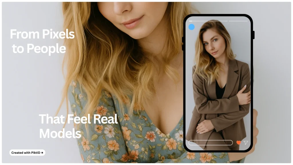 Opera d'arte basata sull'intelligenza artificiale "Dai pixel alle persone", che mostra la trasformazione dei pixel digitali in modelli realistici per lookbook di moda, fonte di ispirazione per uno stile virtuale.