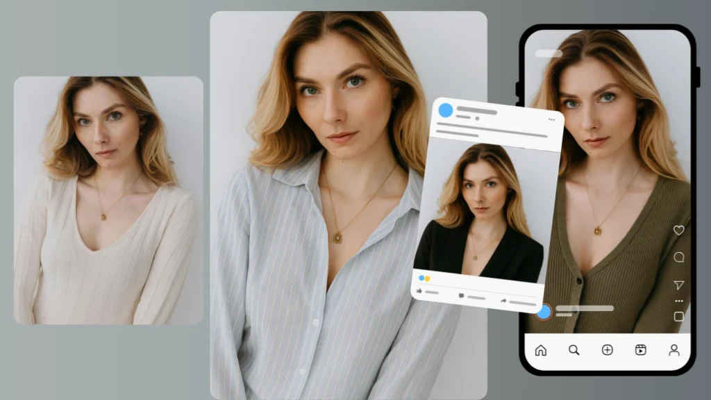 PiktID ha generato una giovane donna utilizzando un cambia-abito digitale, creato con un preset fotografico di Instagram, ideale per trovare ispirazione per la moda sui social media.