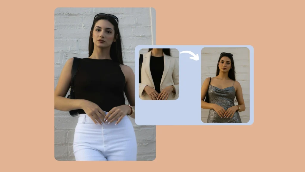 Un'applicazione AI che mostra la trasformazione dell'outfit di una donna utilizzando PiktID, da un top nero casual con jeans bianchi a un abito da sera argentato. Lo styling digitale dimostra come PiktID possa cambiare look all'istante.