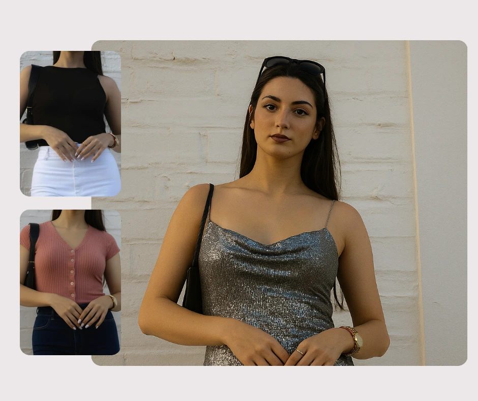 Strumento di styling basato sull'intelligenza artificiale con PiktID che mostra una modella con diversi top e un elegante abito argentato. Lo strumento di styling basato sull'intelligenza artificiale consente ai brand di visualizzare in anteprima le varianti di outfit senza dover ricorrere a servizi fotografici fisici.