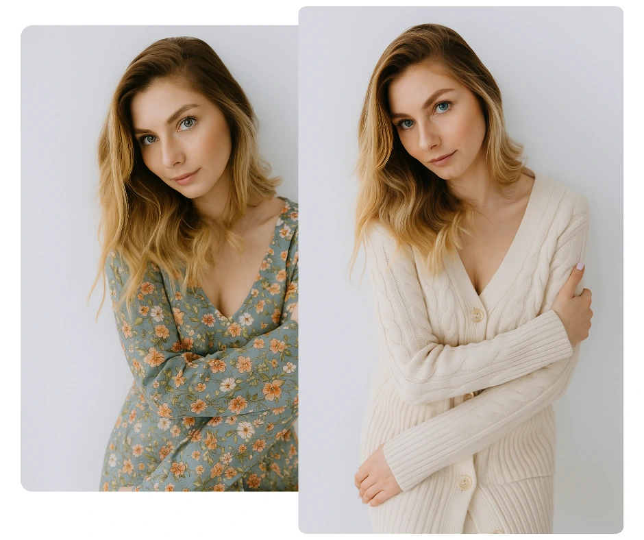 Confronto affiancato che mostra la stessa modella con un abito floreale e un cardigan color crema. PiktID mostra lo scambio di outfit digitali per l'e-commerce di moda e la creazione di lookbook.