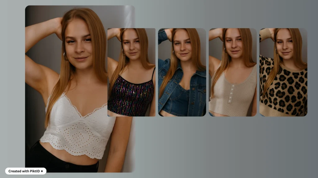 A young woman poses in multiple casual outfits generated with PiktID, ranging from crop tops to a denim jacket. The lookbook emphasizes trendy and everyday wear options.