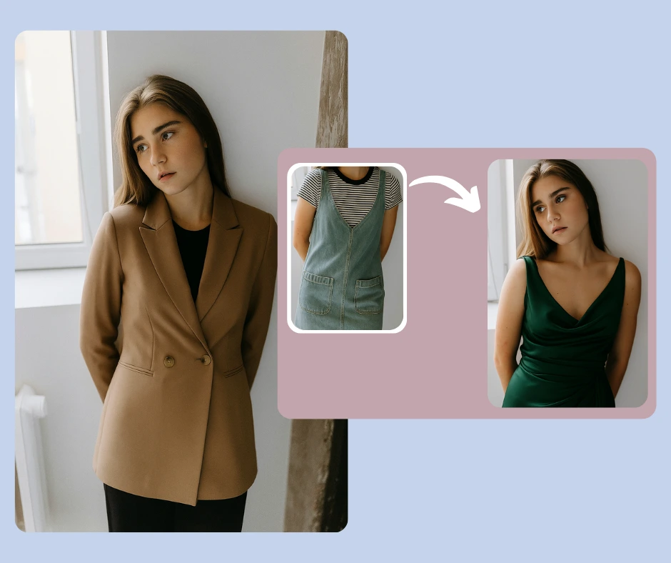 Showcase of a woman styled in a brown blazer, denim dress, and elegant green gown using PiktID Studio. The collage illustrates the ability to switch from casual to formal fashion in seconds.