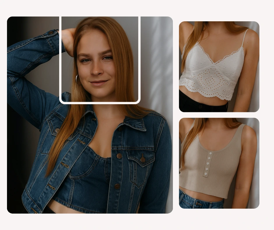 PiktID interface shows a woman in a black outfit with multiple clothing options to generate a lookbook. The AI tool allows users to preview various styles before selecting their favorite.