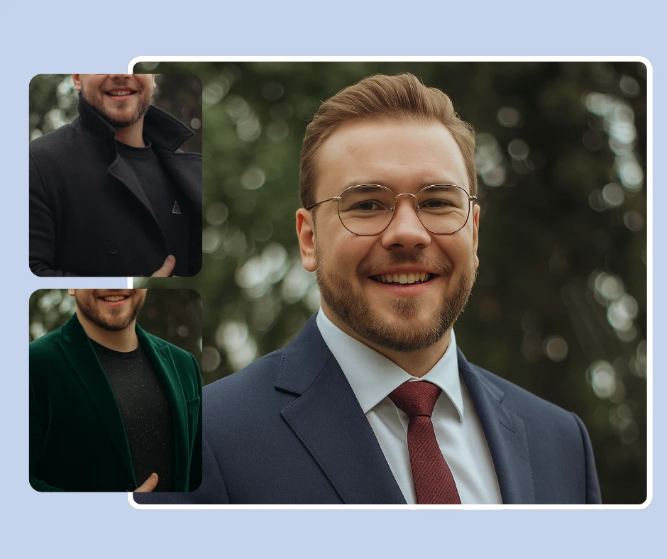 AI outfit changer styles a man in three different looks including a green blazer, a navy formal suit, and a black coat. The digital fashion tool highlights versatility for professional and casual settings.