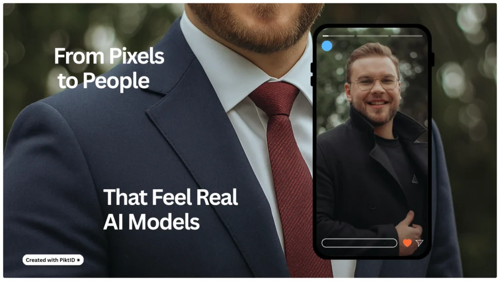 Promotional image with the tagline “From Pixels to People” showing a man digitally styled from casual to professional attire. The PiktID AI model highlights realistic outfit transformations.