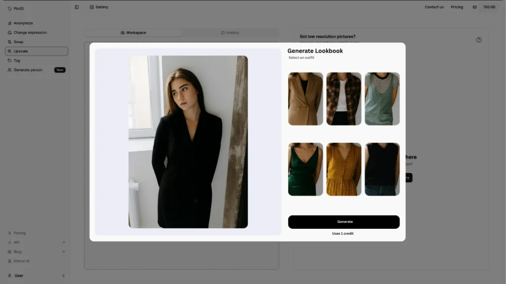 PiktID platform interface demonstrates how to generate a lookbook for a young woman by choosing from various AI outfit options. Users can easily experiment with different fashion styles online.