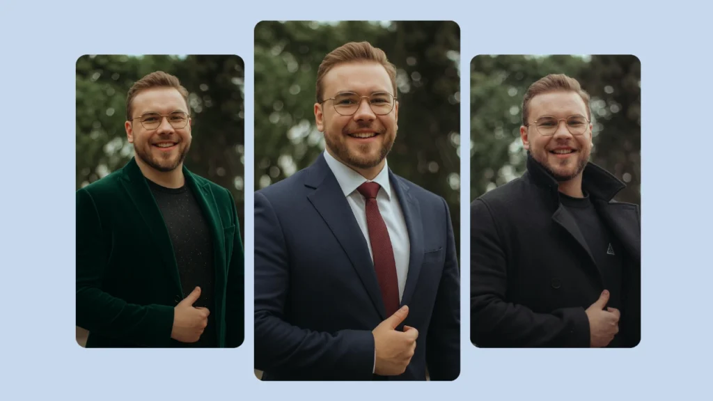 A smiling man in glasses poses in a sharp navy suit and red tie created with AI outfit changer. Smaller images show his alternate looks in a green velvet jacket and black coat.