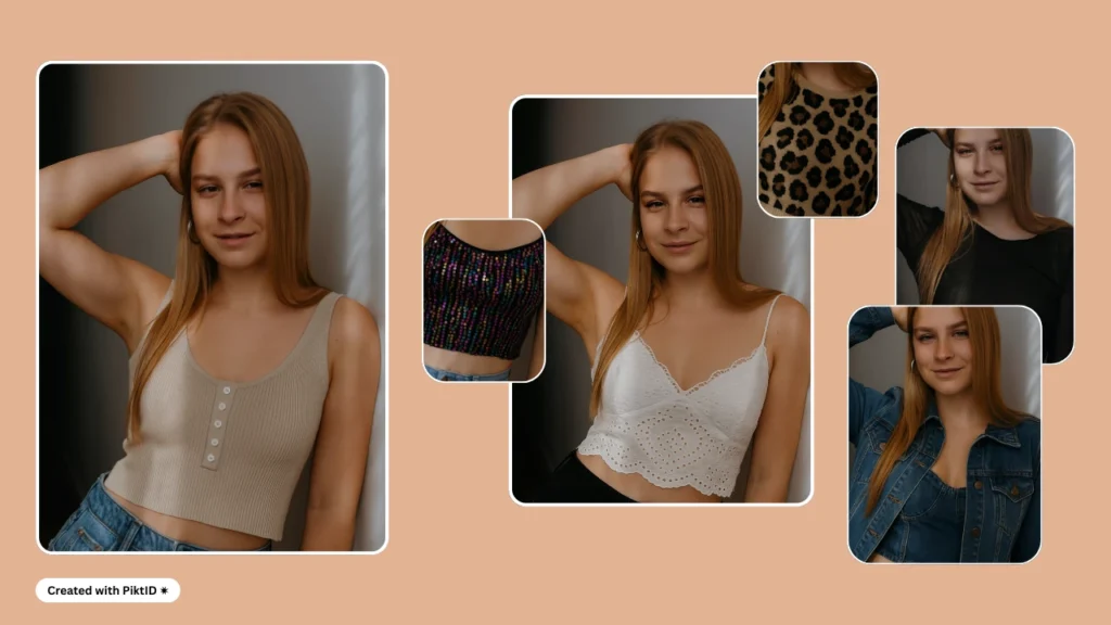 AI outfit changer showcasing a young woman modeling multiple stylish tops including a beige tank, white lace crop top, denim jacket, and black blouse. Virtual fashion try-on highlights trendy casual looks for women.