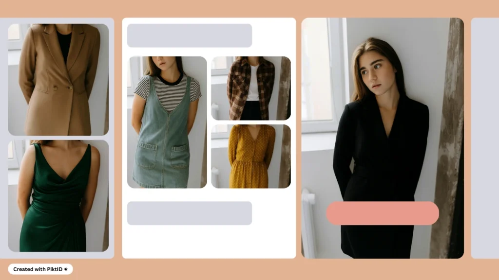 AI fashion try-on tool featuring a young woman in various outfits including a black dress, camel blazer, green evening gown, denim pinafore, and plaid shirt. Virtual outfit changer demonstrates versatile women’s clothing styles.