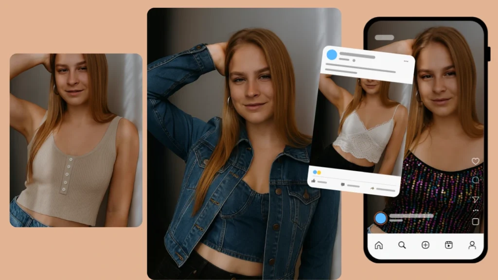 PiktID Studio displaying a young woman in multiple fashion styles including a beige crop top, denim jacket, white lace top, and sequined party wear. Social media preset preview shows how virtual fashion try-ons appear on Instagram-like feeds.