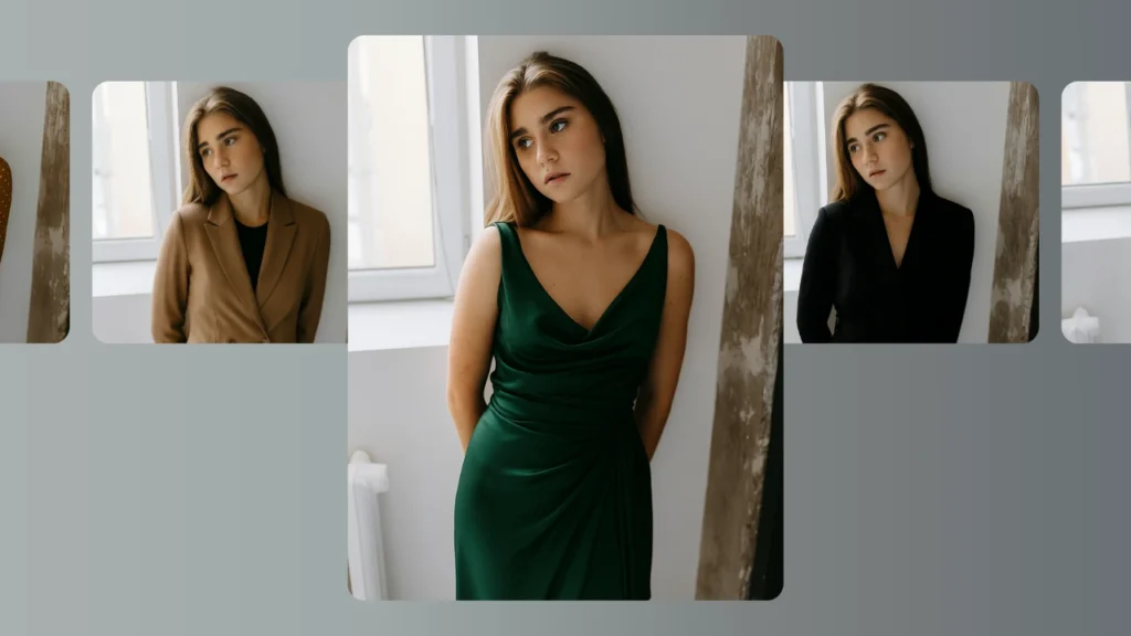 A young woman in three different looks: a chic camel blazer, an elegant green evening dress, and a classic black dress. Virtual fashion try-on demonstrates versatile style transformations for women’s clothing