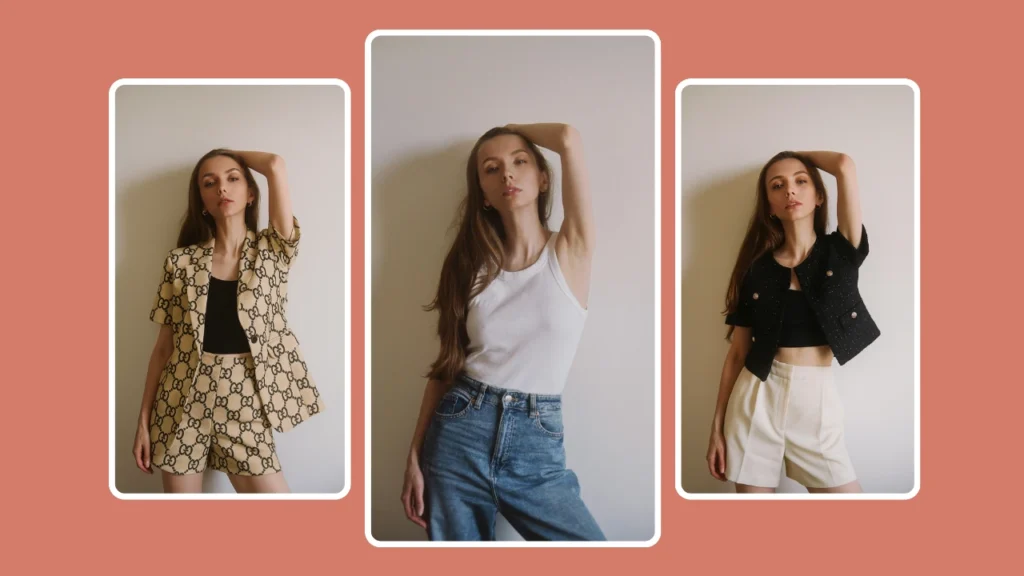 Estilismo de moda con IA que muestra a una mujer rubia con tres conjuntos diferentes: un vaquero informal, un conjunto elegante inspirado en Gucci y una chaqueta corta moderna. La tecnología de prueba virtual de prendas destaca las opciones de moda versátiles para mujeres.