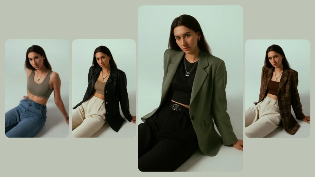 Diseño de atuendos con IA que presenta a una mujer con cuatro looks casuales y elegantes: tops cortos, blazers y pantalones. La tecnología digital de moda muestra cómo una modelo puede probarse diferentes atuendos al instante.