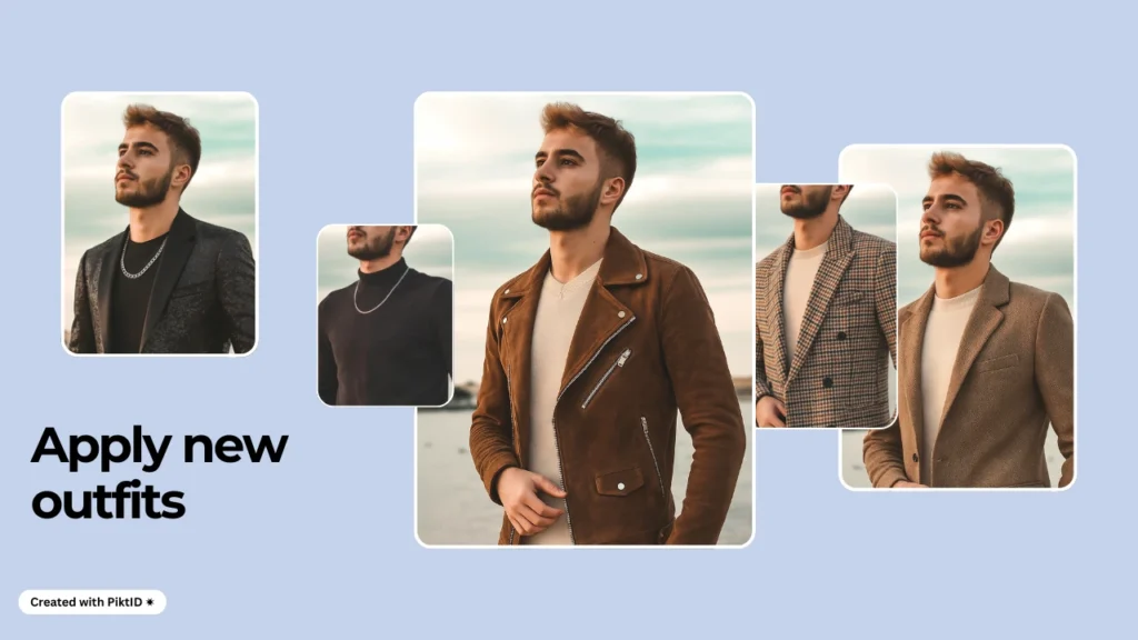 Herramienta de prueba de moda con IA que aplica nuevos atuendos a un modelo masculino, mostrando chaquetas, blazers y ropa casual elegante. La tecnología de ropa virtual permite a los hombres explorar diferentes estilos sin esfuerzo.