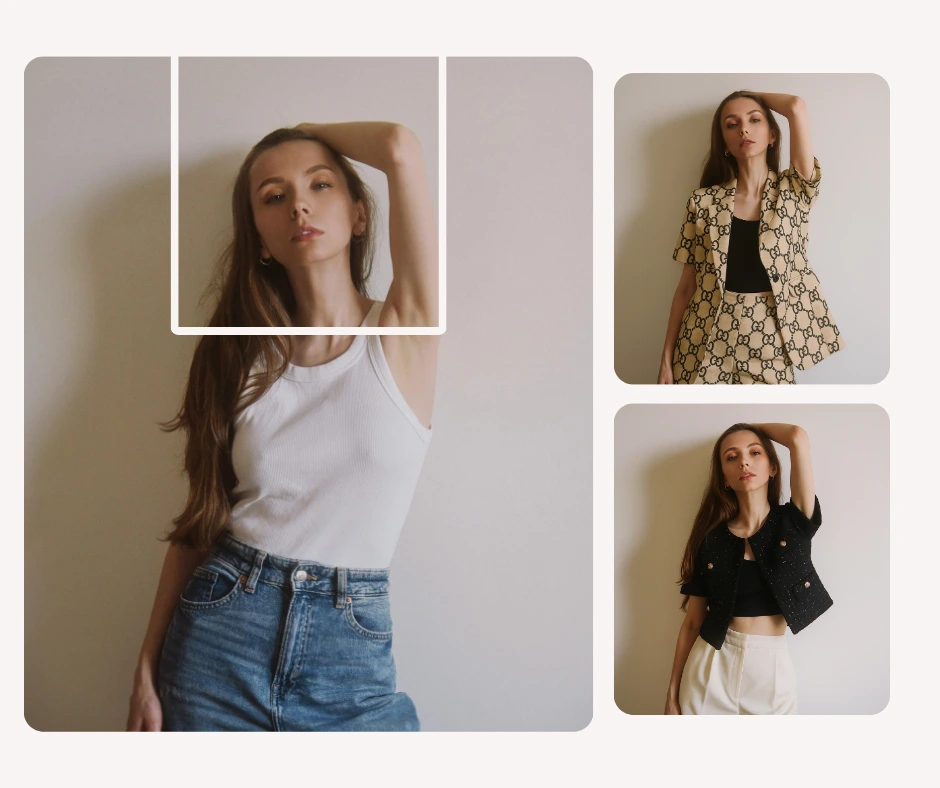 Una joven modela conjuntos a la moda, incluyendo una camiseta blanca sin mangas con vaqueros, un conjunto beige de Gucci y una chaqueta corta negra. El collage de moda muestra ropa femenina moderna para un estilo casual y sofisticado.