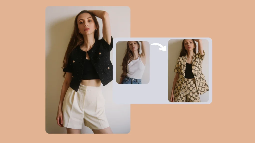 El cambiador de atuendos con IA de Fashion Technology demuestra cómo una simple camiseta blanca sin mangas y unos vaqueros de mujer se transforman en un traje estampado estilo Gucci. La tecnología digital de prueba de moda facilita el cambio de estilo al instante.