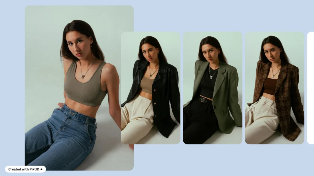 La IA en tecnología de moda ayuda a una mujer a elegir entre un vaquero informal y un elegante conjunto blanco y negro. El estilismo virtual muestra cómo la IA simplifica la selección de atuendos.