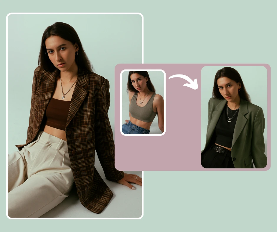 Una mujer posa con un blazer marrón a cuadros y pantalones beige, con imágenes más pequeñas que la muestran con atuendos casuales y formales. El diseño enfatiza la superposición elegante y las transiciones de moda con estilo.