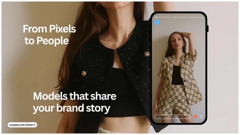 KI-basierte Modetechnologie: Das vorgestellte Bild zeigt die Outfit-Transformation einer Frau auf einem Smartphone-Bildschirm. Digitale Anprobe-Tools verbinden Marken durch virtuelles Styling mit modernen Verbrauchern.