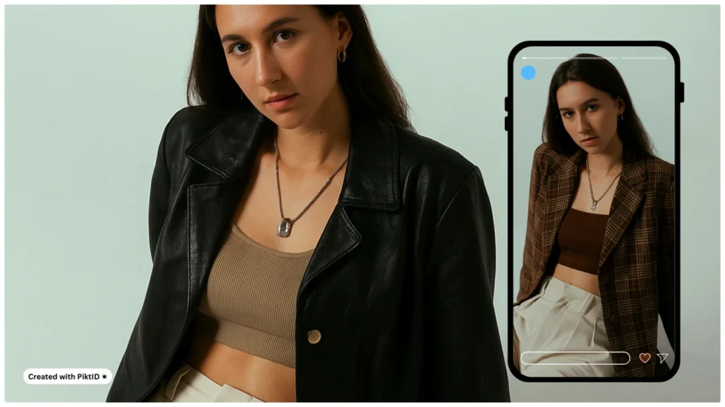 La prueba de atuendos de PiktID muestra a una mujer con una chaqueta de cuero mientras observa un blazer a cuadros en la pantalla de un teléfono inteligente. Las herramientas de estilismo virtual optimizan las experiencias de comercio electrónico de moda.