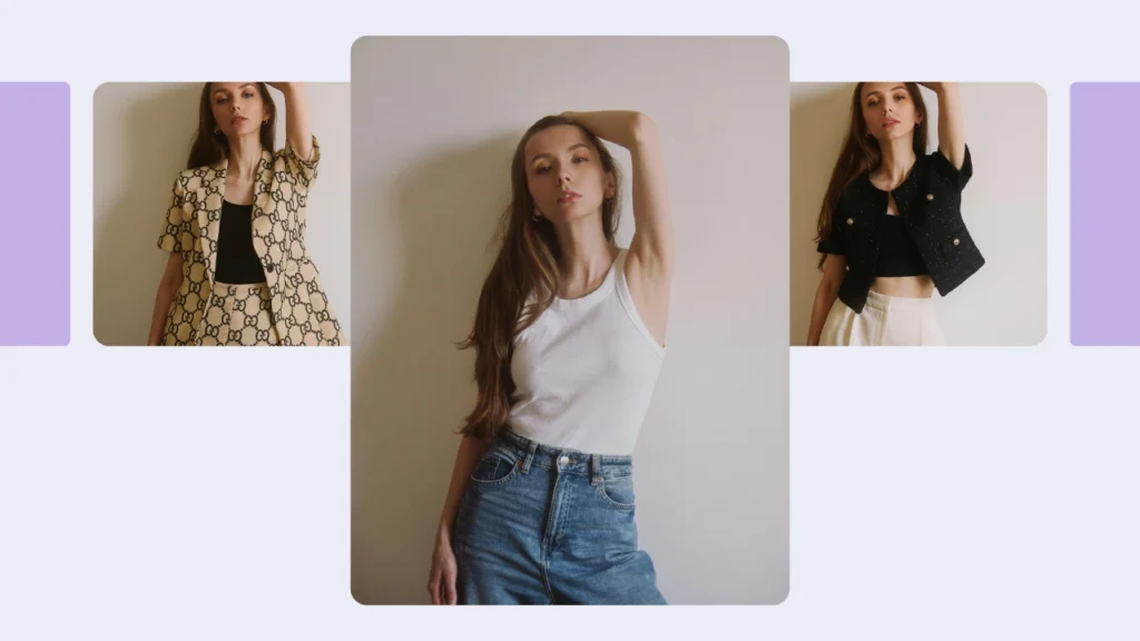Estilismo de una joven rubia con vaqueros y camiseta blanca, rodeada de elegantes conjuntos alternativos. La prueba virtual de atuendos muestra cómo una misma modelo puede lucir múltiples looks.