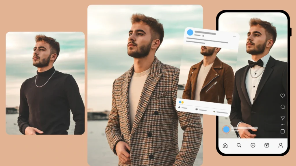 El generador de atuendos de PiktID muestra a un hombre con diferentes chaquetas, incluyendo una chaqueta motera de cuero, un blazer a cuadros y un esmoquin. La tecnología de moda virtual crea looks masculinos elegantes, perfectos para Instagram.