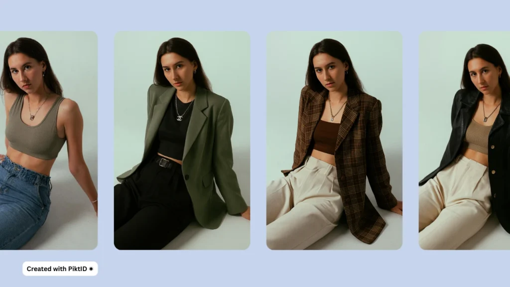 Herramienta de prueba de atuendos con IA que estiliza a una mujer de cabello negro con diversos looks chic, como tops cortos, blazers y pantalones a medida. La tecnología digital de la moda facilita la previsualización instantánea de atuendos versátiles.