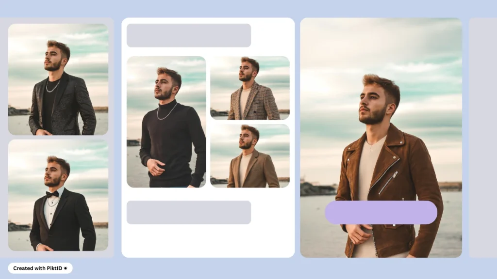 Un joven elegante posa con diferentes atuendos, incluyendo un jersey negro de cuello alto, un blazer a cuadros, una chaqueta de cuero y un esmoquin, frente a un paisaje natural. El collage destaca la versatilidad de la moda masculina para redes sociales y marcas de estilo de vida.