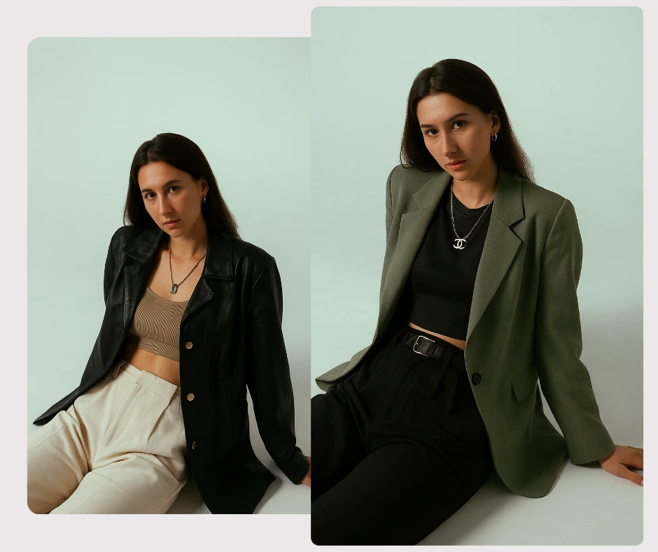 Una mujer modela dos conjuntos elegantes: un blazer de cuero con pantalones beige y un blazer verde con pantalones negros. Este collage de moda resalta el estilo minimalista femenino con prendas de abrigo atrevidas.