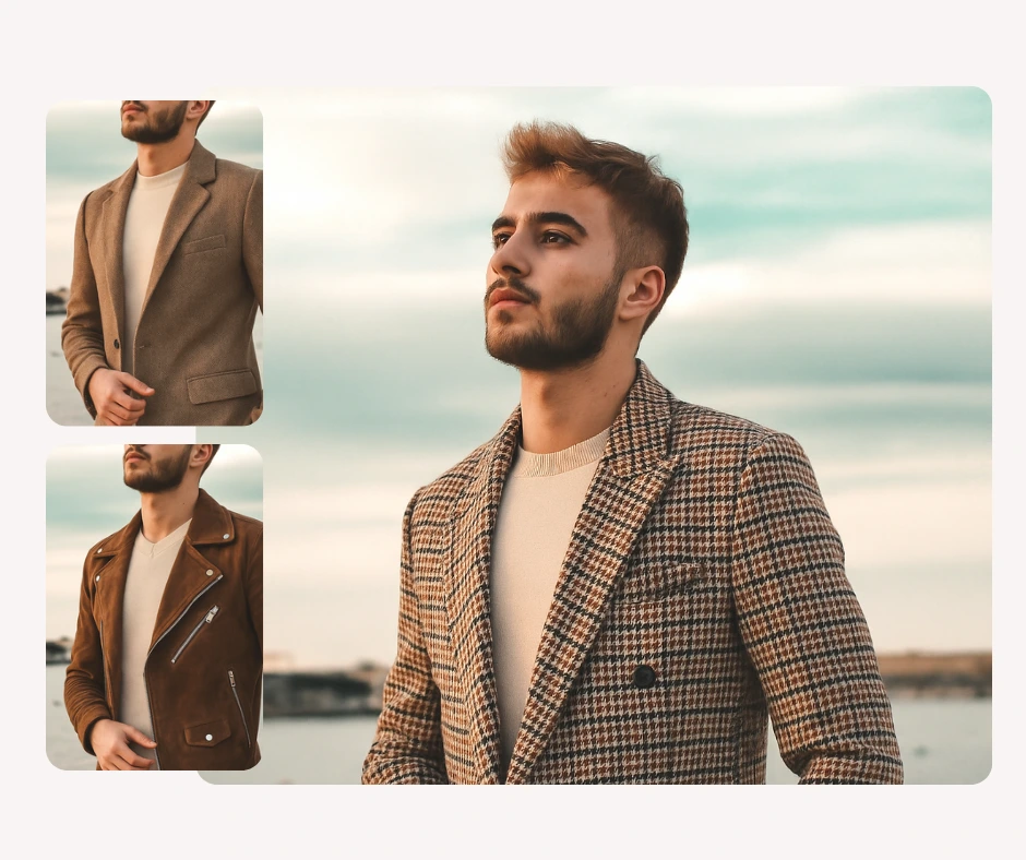 Un hombre posa con seguridad con un blazer cruzado a cuadros junto al mar, mientras que en fotografías más pequeñas se le ve con un abrigo color canela y una chaqueta de cuero marrón. Este collage de moda masculina destaca la versatilidad de las prendas de abrigo.