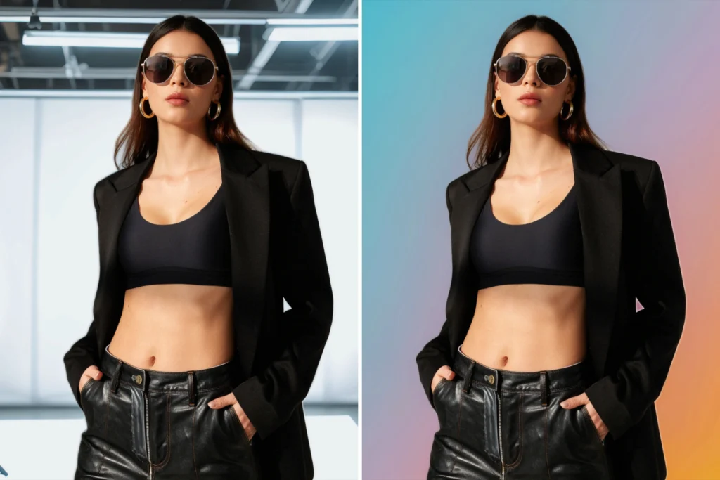 Due immagini di una donna che indossa una giacca nera, pantaloni neri e occhiali da sole. Indossa anche un reggiseno nero. La donna posa per la fotocamera con la mano sul fianco. Lo sfondo è una combinazione di colori blu e rosa, che conferisce all'immagine un aspetto vibrante e vivace. Immagine PDP creata da PiktID