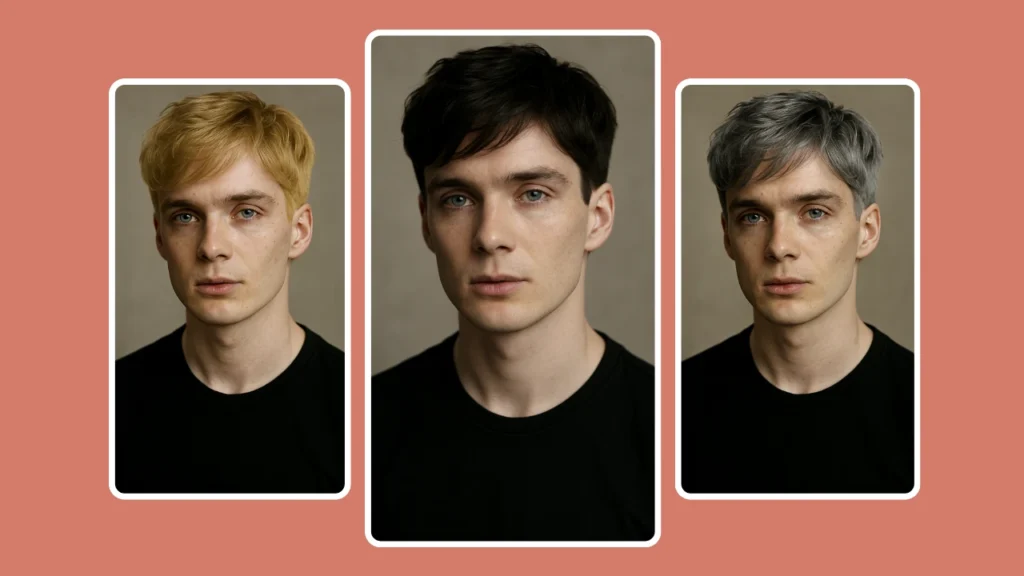 Un hombre con camiseta negra muestra tres colores de pelo virtuales: rubio, negro y gris. Esta comparación, en paralelo, muestra cómo los diferentes tonos alteran la apariencia general.