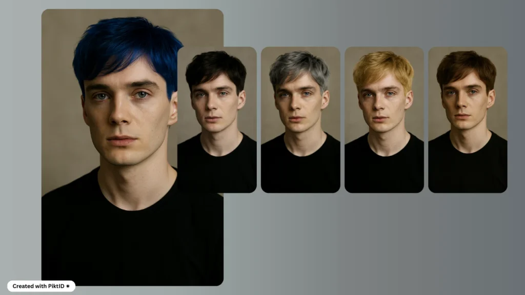 Cinco variaciones de peinado masculino con colores de pelo virtuales: azul, negro, gris, rubio y castaño. La foto muestra cómo el color del pelo influye en el estilo personal.
