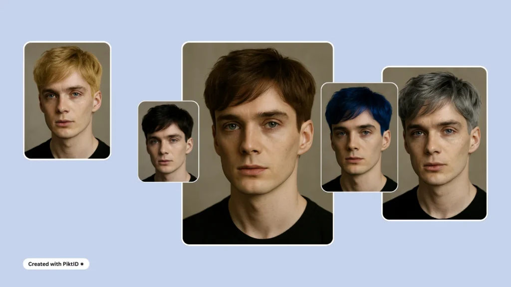 Un hombre con cabello corto muestra cinco colores virtuales diferentes: rubio, castaño, azul, negro y gris. El collage está diseñado para probar diferentes colores de cabello antes de teñirlo.