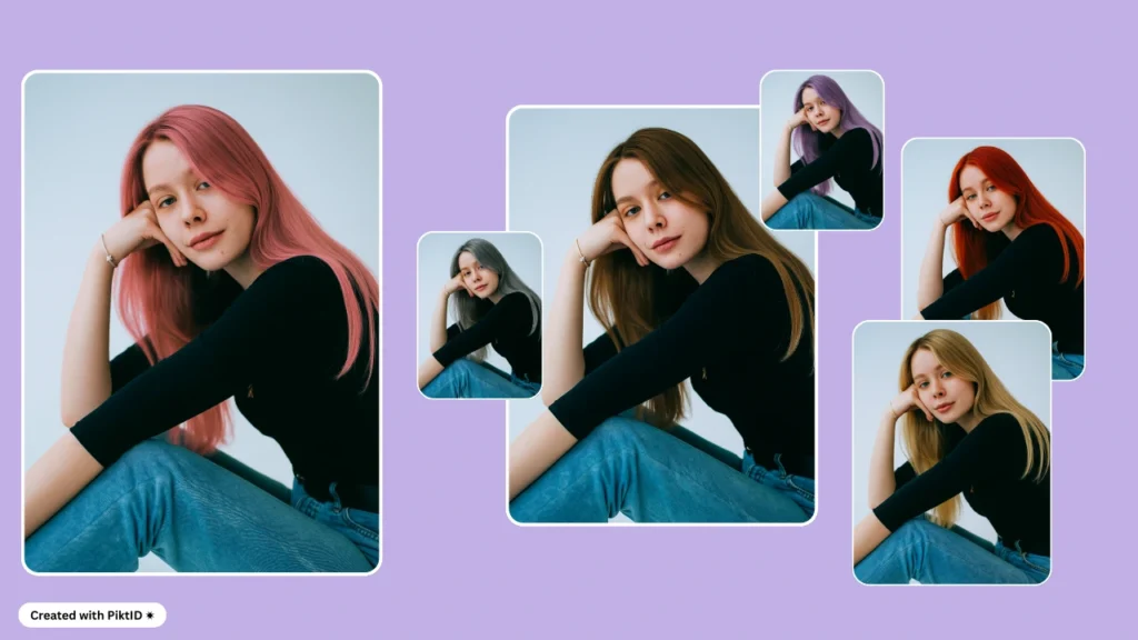 Una joven con cabello largo y liso prueba seis opciones de color: rosa, castaño, gris, rubio, pelirrojo y morado. Las imágenes, una junto a la otra, ofrecen una vista previa virtual de su cambio de imagen.