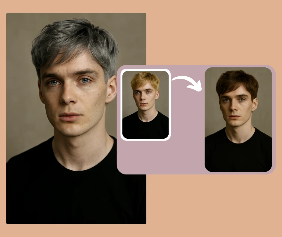 Un hombre compara diferentes colores de cabello virtuales con estilos de antes y después, incluyendo rubio y castaño. La transformación muestra cómo las herramientas de prueba digitales ayudan a seleccionar el tono adecuado.