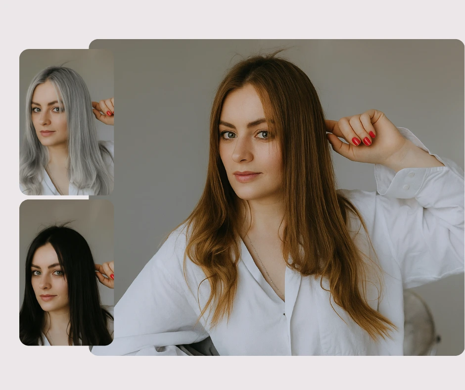 Una mujer con camisa blanca muestra tres variaciones de color de cabello: gris, negro y castaño. La prueba virtual de color de cabello muestra estilos naturales y modernos.