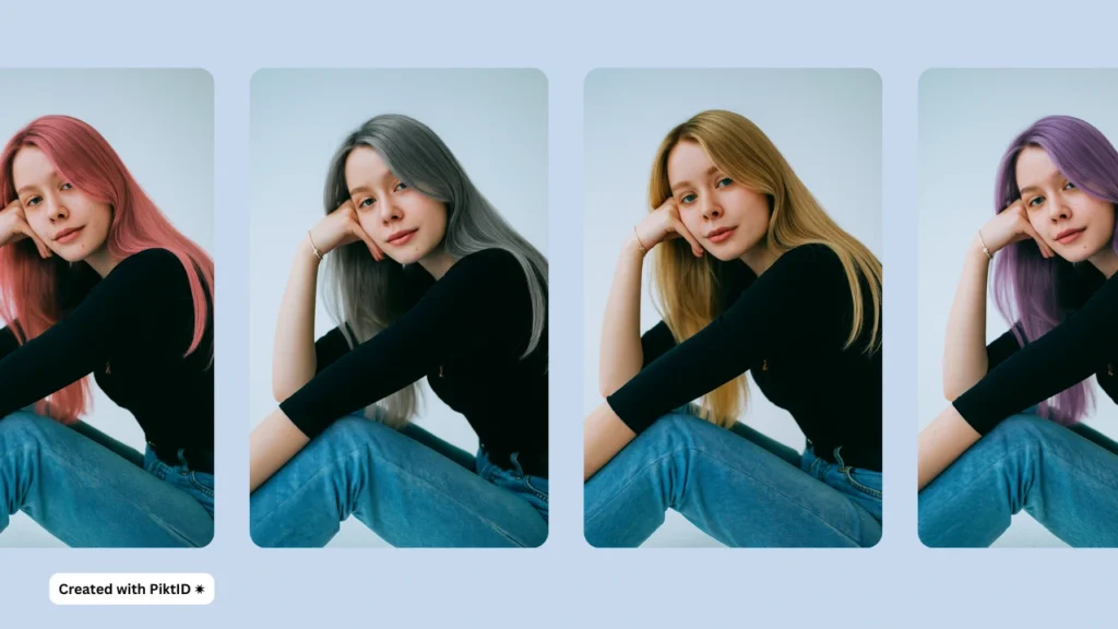 Un collage de una joven con cuatro colores de pelo diferentes: rosa, gris, rubio y morado. Creado con PiktID, esta herramienta de prueba te permite visualizar ideas de tinte al instante.