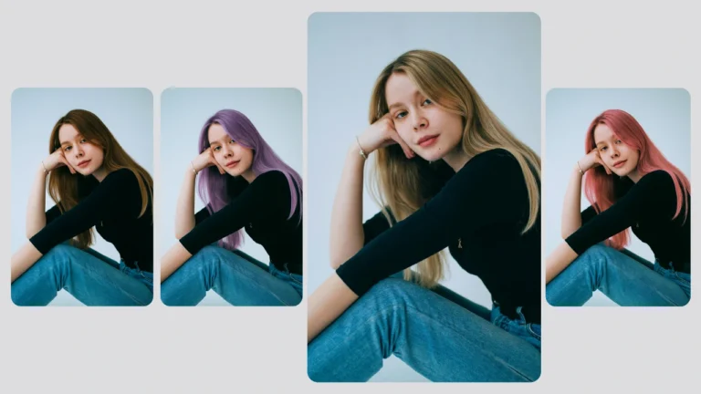 Una joven muestra cuatro colores de cabello diferentes para probarse virtualmente: castaño, morado, rubio y rosa. La imagen destacada muestra cómo las aplicaciones de prueba virtual permiten experimentar con tonos atrevidos o naturales.