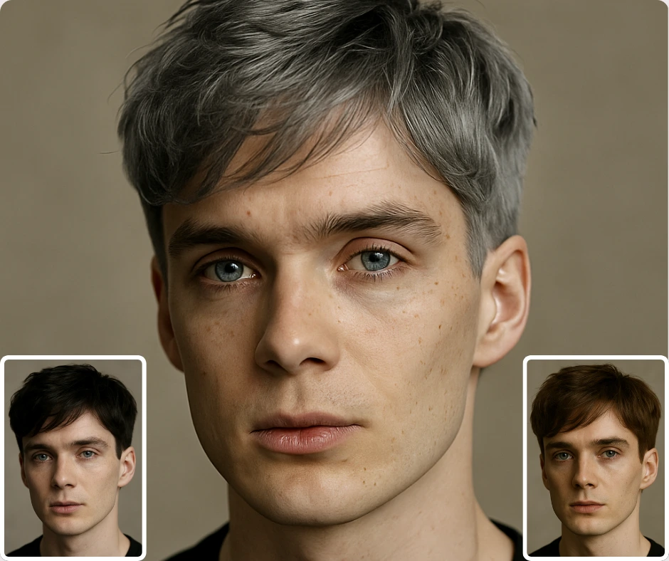 Primer plano de alta calidad de un hombre comparando colores de cabello virtuales: gris, negro y castaño. La foto muestra una simulación realista del color de cabello para cambios de peinado masculinos.