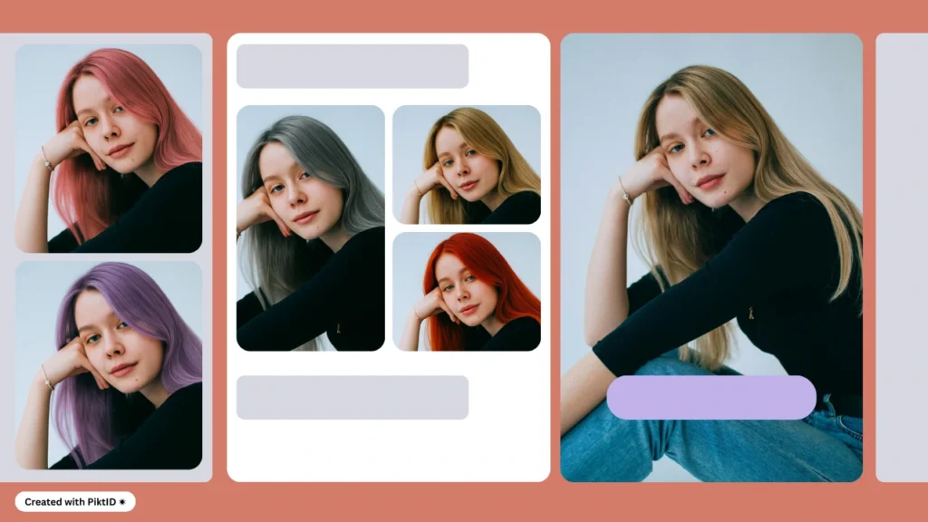 Múltiples retratos de una joven con diferentes colores de cabello virtuales. Los tonos incluyen rosa, gris, rubio, rojo y morado, mostrando diversas opciones de peinado en un moderno diseño de collage.