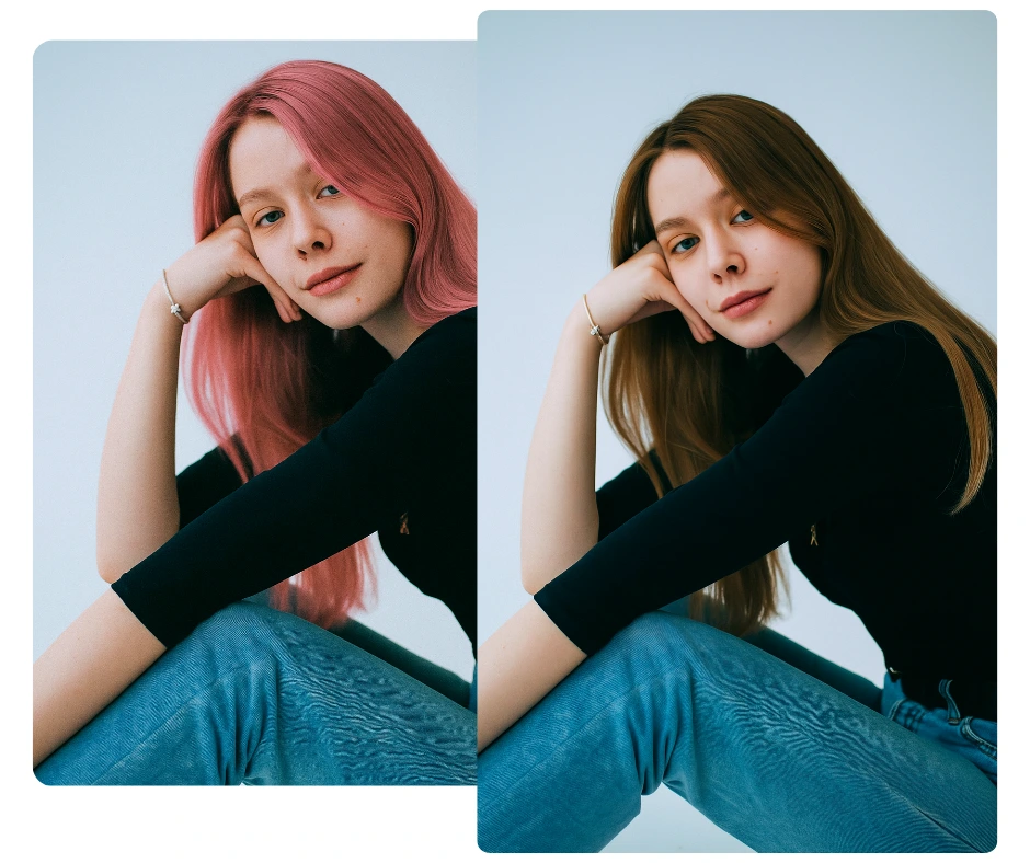 Comparación de colores de cabello virtuales. El cabello de una joven se modifica digitalmente de rosa a castaño, mostrando transformaciones realistas.