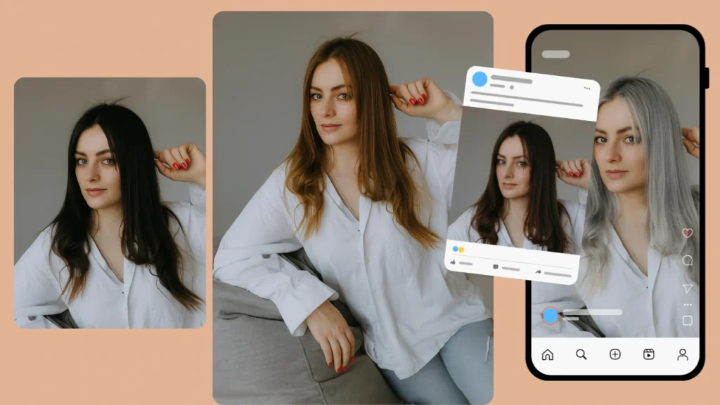 Prueba virtual de color de cabello en un diseño para redes sociales. Una mujer posa con diferentes tonos de cabello, incluyendo negro, castaño y plateado, con elementos de diseño estilo Instagram.