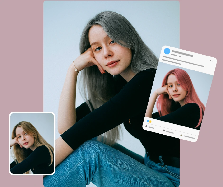 Preset para redes sociales de una joven con diferentes colores de cabello. Se presentan tonos grises y rosados, junto con su rubio natural, en un collage moderno con elementos para compartir en línea.